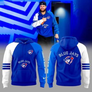 Toronto Maple Leafs Happy Opening Night Hoodie: Man in blue & white Blue Jays raglan hoodie with team logos front & back.