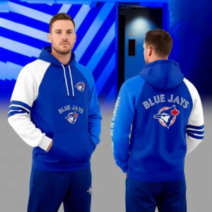 Toronto Maple Leafs Happy Opening Night Hoodie: Man in blue & white Blue Jays raglan hoodie with team logos front & back.
