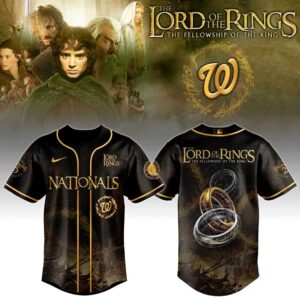 Washington Nationals The Lord Of The Rings Baseball Jersey, black with gold trim, rings and Middle-earth graphic.