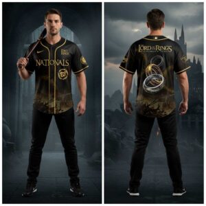 Washington Nationals The Lord Of The Rings Baseball Jersey, black with gold trim, rings and Middle-earth graphic.