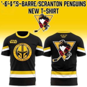 Wilkes-Barre-Scranton Penguins 2026 Star Wars Night Shirt Hoodies. Black hoodie with yellow Mandalorian helmet & Penguins mascot.