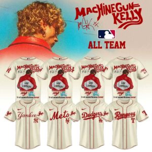 ALL MLB TEAM Machine Gun Kelly Lost American Jersey: Cream baseball jerseys, red piping, MGK Lost Americana back, MLB teams front.