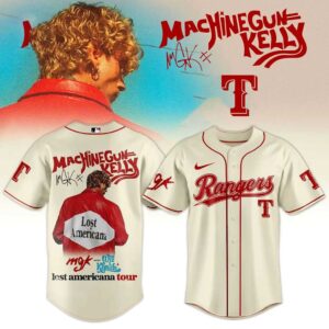 ALL MLB TEAM Machine Gun Kelly Lost American Jersey: Cream baseball jerseys, red piping, MGK Lost Americana back, MLB teams front.