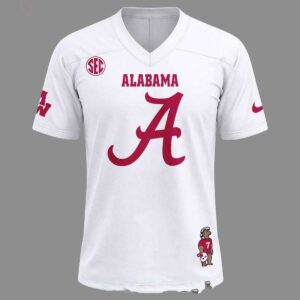 Alabama Crimson Tide Morgan Wallen Tour Schedule 2026 Football Jersey. White jersey with large red 'A' front, SEC, and full tour schedule on back.