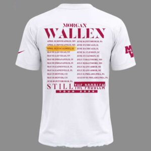 Alabama Crimson Tide Morgan Wallen Tour Schedule 2026 Football Jersey. White jersey with large red 'A' front, SEC, and full tour schedule on back.
