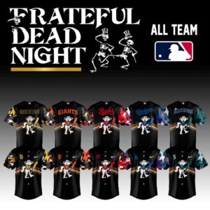 Collection of All Team MLB Grateful Dead Night 2026 Jerseys, black with dancing bears, team names, and colorful tie-dye sleeves.