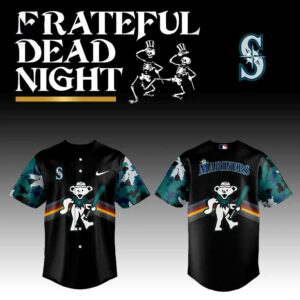 Collection of All Team MLB Grateful Dead Night 2026 Jerseys, black with dancing bears, team names, and colorful tie-dye sleeves.