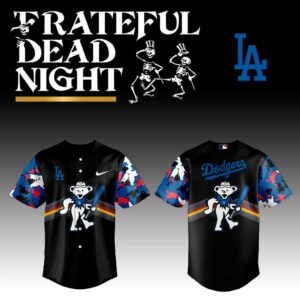 Collection of All Team MLB Grateful Dead Night 2026 Jerseys, black with dancing bears, team names, and colorful tie-dye sleeves.