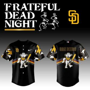 Collection of All Team MLB Grateful Dead Night 2026 Jerseys, black with dancing bears, team names, and colorful tie-dye sleeves.