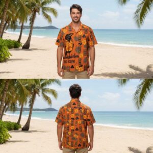 Aloha Crow wearing a Hawaiian t-shirt. Burnt orange tropical shirt with crow, tiki masks, pineapples, hibiscus flowers.