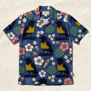 Argyle Attitude Hawaiin Shirt for men, blue with yellow argyle birds, pink/white flowers, green leaves.