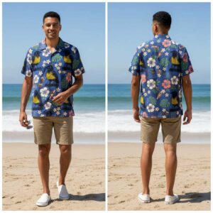 Argyle Attitude Hawaiin Shirt for men, blue with yellow argyle birds, pink/white flowers, green leaves.