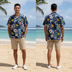 Argyle Attitude Hawaiin Shirt for men, blue with yellow argyle birds, pink/white flowers, green leaves.