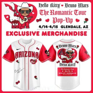 Arizona Diamondbacks Hello Kitty Bruno Mars Romantic Tour 2026 Pop-Up Jersey. White/red jersey, Hello Kitty, Bruno Mars, roses.