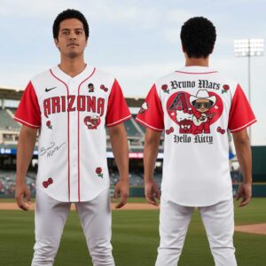 Arizona Diamondbacks Hello Kitty Bruno Mars Romantic Tour 2026 Pop-Up Jersey. White/red jersey, Hello Kitty, Bruno Mars, roses.