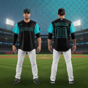 Front & back views of a black and teal Arizona Diamondbacks Replica 2026 Special Jersey with team name & custom back.