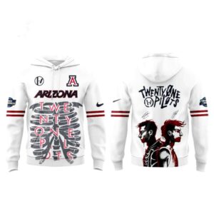Arizona Wildcats Twenty One Pilots 2026 NCAA March Madness Music Festival Hoodie. White, red, grey: band, college logos, ribcage, member art.