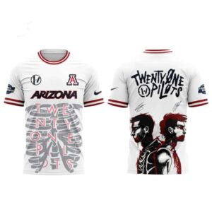 Arizona Wildcats Twenty One Pilots 2026 NCAA March Madness Music Festival Hoodie. White, red, grey: band, college logos, ribcage, member art.