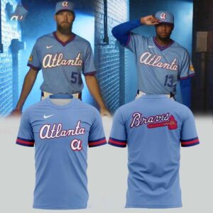 Atlanta Braves 2026 Powder Blue City Connect Uniform Shirt Hoodie with 'Atlanta' on front, 'Braves' and crossed tomahawks on back.