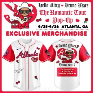Atlanta Braves Hello Kitty Bruno Mars Romantic Tour 2026 Pop-Up Jersey. White/red baseball jersey with Hello Kitty, cowboy Bruno Mars, roses.