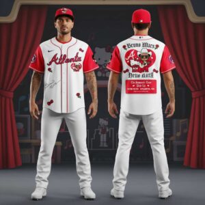 Atlanta Braves Hello Kitty Bruno Mars Romantic Tour 2026 Pop-Up Jersey. White/red baseball jersey with Hello Kitty, cowboy Bruno Mars, roses.