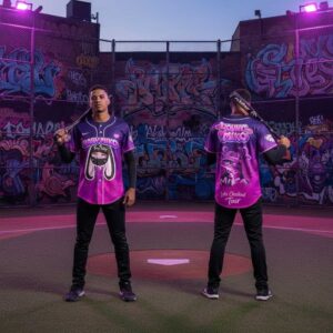 Baby Miko Trap Kitty Late Checkout Tour 2026 Jersey in purple-pink, front: masked bunny 'Baby Miko', back: 'Young Miko' with tour graphics.