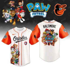 A white pinstriped Baltimore Orioles Paw Patrol Night Baseball Jersey with orange sleeves, featuring Paw Patrol characters front/back.