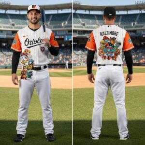 A white pinstriped Baltimore Orioles Paw Patrol Night Baseball Jersey with orange sleeves, featuring Paw Patrol characters front/back.