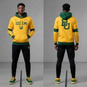 Baylor Bears 2026 Sic Em Greater Than Shirt Hoodie in golden yellow with green hood, 'SIC EM' front, 'BU' back logo.
