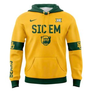 Baylor Bears 2026 Sic Em Greater Than Shirt Hoodie in golden yellow with green hood, 'SIC EM' front, 'BU' back logo.