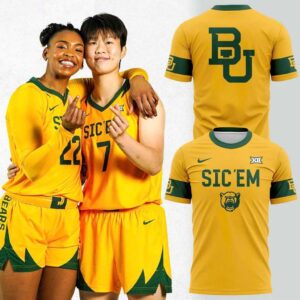 Baylor Bears 2026 Sic Em Greater Than Shirt Hoodie in golden yellow with green hood, 'SIC EM' front, 'BU' back logo.