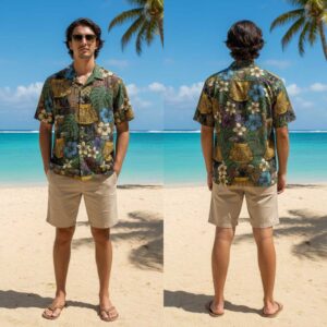 Bejumpered Raven wearing a mustard yellow jumper Hawaiin Shirt, with quirky ravens, tropical leaves, and blue flowers.