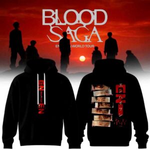 Blood Saga Enhypen World Tour 2026 Hoodie with vertical ENHYPEN logo on front, member eye stacks & Japanese text on back.