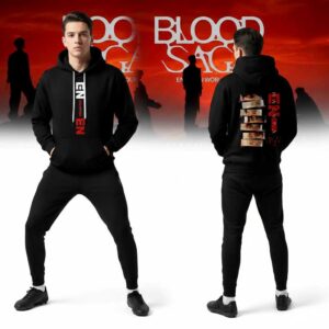 Blood Saga Enhypen World Tour 2026 Hoodie with vertical ENHYPEN logo on front, member eye stacks & Japanese text on back.