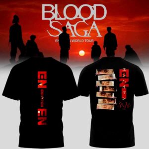 Blood Saga Enhypen World Tour 2026 Hoodie with vertical ENHYPEN logo on front, member eye stacks & Japanese text on back.
