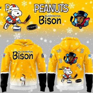 Bloomington Bison Peanuts Hoodie with a vibrant yellow design, Snoopy playing hockey, team logo, & snowflakes.