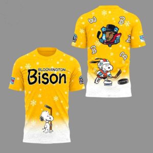 Bloomington Bison Peanuts Hoodie with a vibrant yellow design, Snoopy playing hockey, team logo, & snowflakes.
