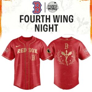 Boston Red Sox Fourth Wings Night 2026 Dragon Baseball Jersey: a vibrant red jersey with gold dragon patterns, 'RED SOX' on front, 'FOURTH WING 00' on back.