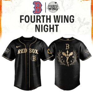 Boston Red Sox Fourth Wings Night 2026 Dragon Baseball Jersey: a vibrant red jersey with gold dragon patterns, 'RED SOX' on front, 'FOURTH WING 00' on back.