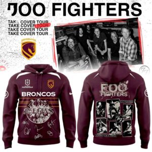 Brisbane Broncos Foo Fighters 2026 Australia Stadium Tour Hoodie. Maroon all-over print, Broncos front, Foo Fighters concert graphics back.