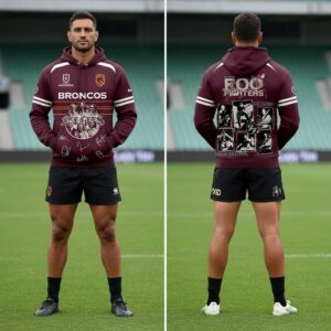 Brisbane Broncos Foo Fighters 2026 Australia Stadium Tour Hoodie. Maroon all-over print, Broncos front, Foo Fighters concert graphics back.