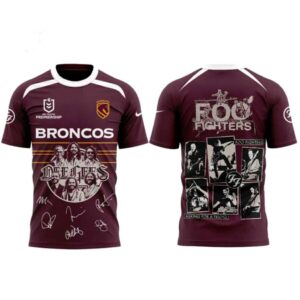 Brisbane Broncos Foo Fighters 2026 Australia Stadium Tour Hoodie. Maroon all-over print, Broncos front, Foo Fighters concert graphics back.