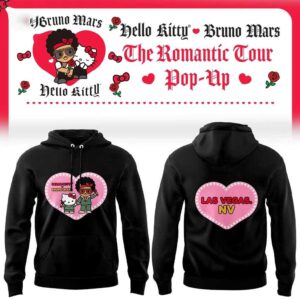 Bruno Mars Hello Kitty 2026 The Romantic Tour Pop-Up Las Vegas NV Shirt Hoodie. Features Hello Kitty & Bruno Mars in a pink heart, with roses & bows.