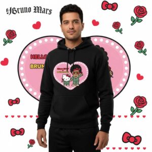 Bruno Mars Hello Kitty 2026 The Romantic Tour Pop-Up Las Vegas NV Shirt Hoodie. Features Hello Kitty & Bruno Mars in a pink heart, with roses & bows.