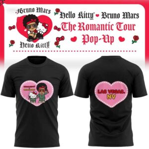 Bruno Mars Hello Kitty 2026 The Romantic Tour Pop-Up Las Vegas NV Shirt Hoodie. Features Hello Kitty & Bruno Mars in a pink heart, with roses & bows.