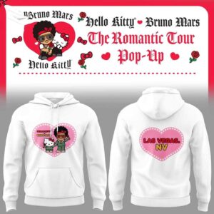 Bruno Mars Hello Kitty 2026 The Romantic Tour Pop-Up Las Vegas NV Shirt Hoodie. Features Hello Kitty & Bruno Mars in a pink heart, with roses & bows.