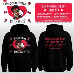 Bruno Mars Hello Kitty The Romantic Tour Pop-Up Schedule 2026 Shirt Hoodie with pop art and tour dates.
