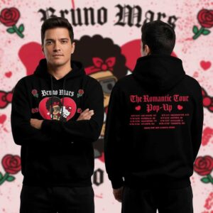 Bruno Mars Hello Kitty The Romantic Tour Pop-Up Schedule 2026 Shirt Hoodie with pop art and tour dates.