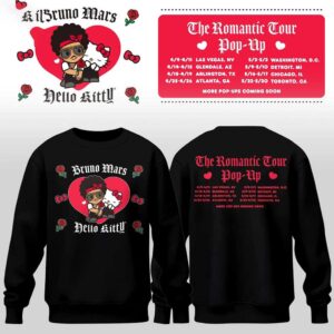 Bruno Mars Hello Kitty The Romantic Tour Pop-Up Schedule 2026 Shirt Hoodie with pop art and tour dates.