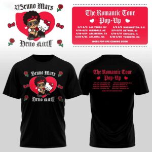 Bruno Mars Hello Kitty The Romantic Tour Pop-Up Schedule 2026 Shirt Hoodie with pop art and tour dates.